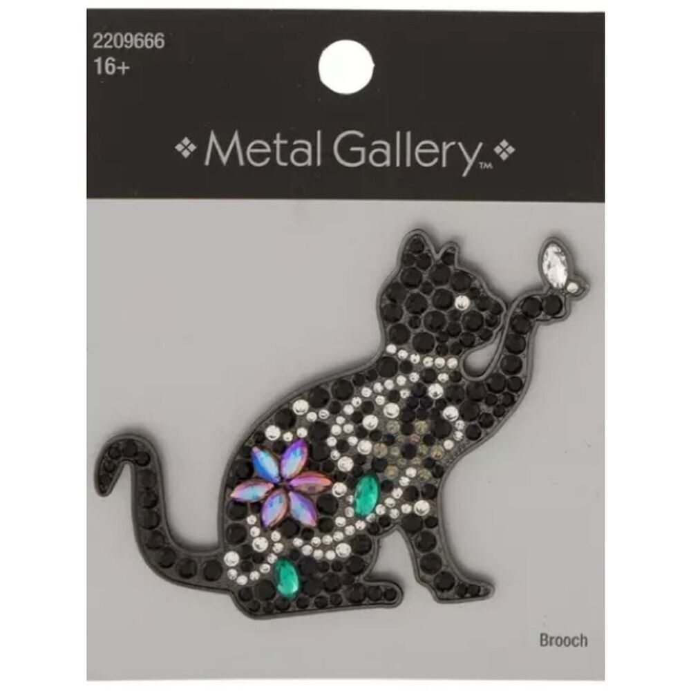 New Metal Gallery Black Cat Brooch with Multicolor Rhinestones